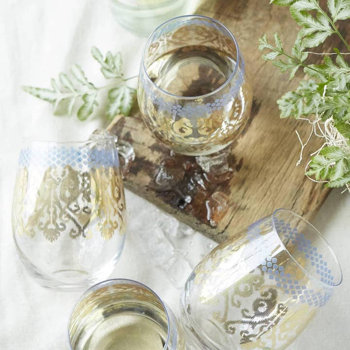 Patina Vie Golden Ikat Stemless Wine Glass S/4 for wholesale by Patina Vie
