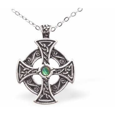 Celtic Cross Necklace of Paua Shell, Rhodium Plated for wholesale by Byzantium Collection Ltd