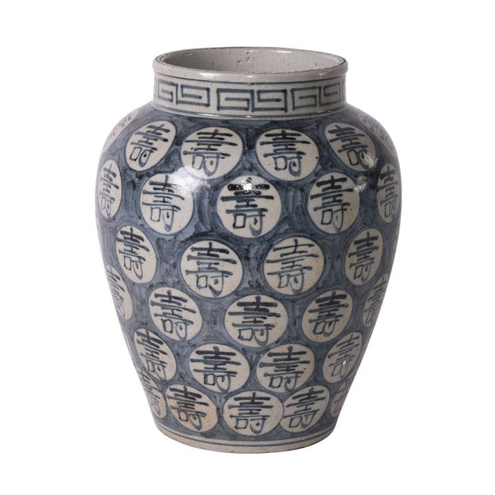 Blue And White Longevity Open Top Jar for wholesale by Legend Accents