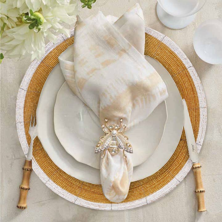 White Gold Handmade Beaded Placemats Round Dining Set of 4 for wholesale on Faire3