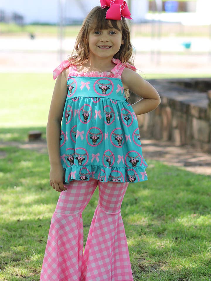 "Dearly Loved" Girls western tunic & gingham bell bottoms. OFG50616 AMY for wholesale by Kids Charm Online