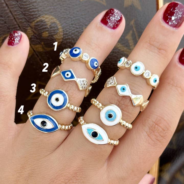 Gold Dainty Evil Eye Ring, Adjustable Greek Evil Eye Jewelry for wholesale by Evileyefavor