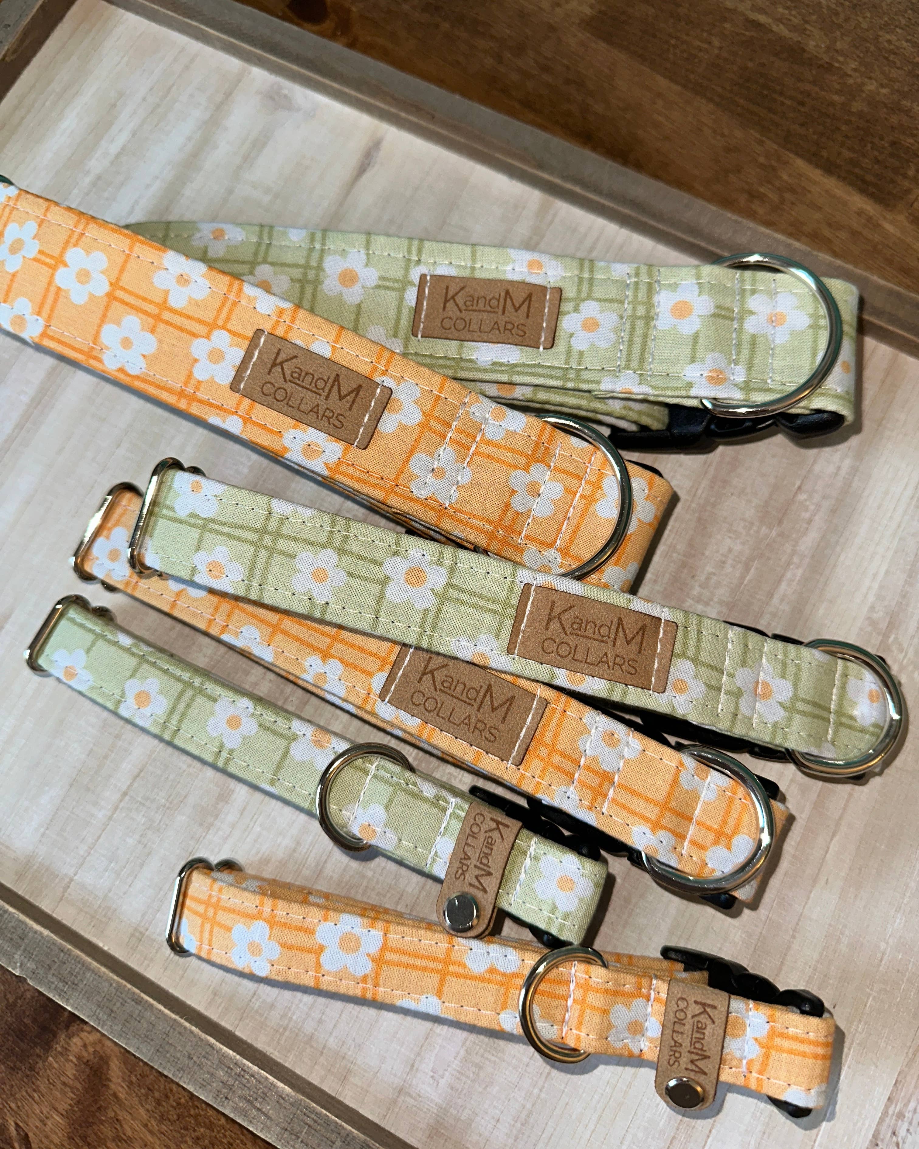 K and M Collars - Wholesale Pet Collar - Dog - Bright Green Daisies on Plaid Dog Collar, K and M Collars2