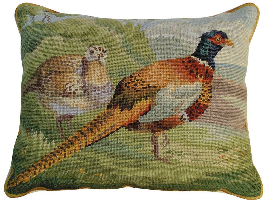 Michaelian Home/India Overseas Traders, Inc. - Wholesale Throw/Decorative Pillow - Pheasants In Field Needlepoint Pillow 16" X 20" 0