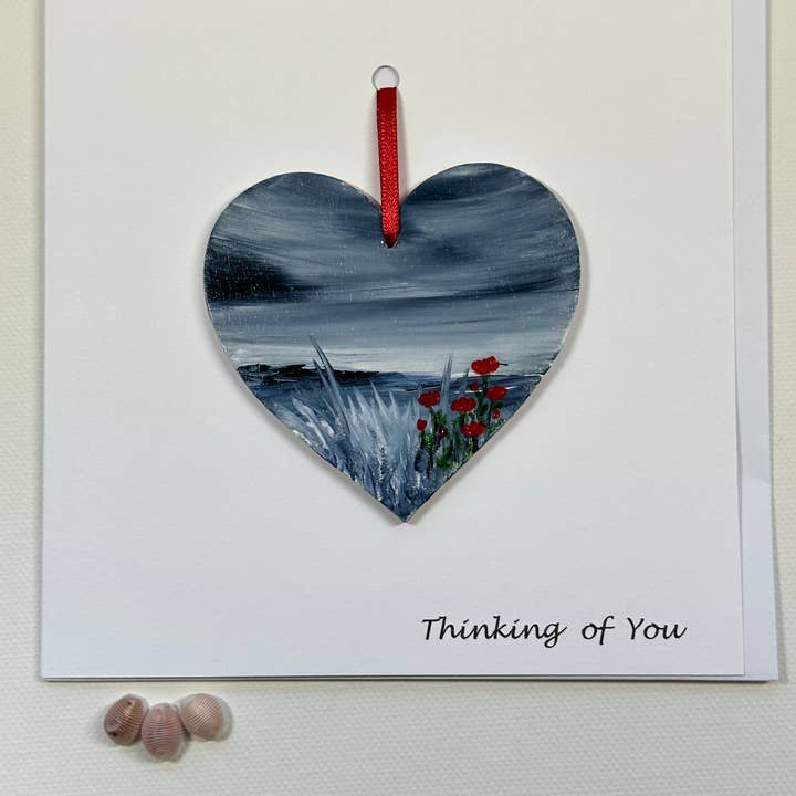 Biglietto ricordo «Thinking of you» con cuore dipinto per la vendita all'ingrosso da parte di Mi Designs, Moray