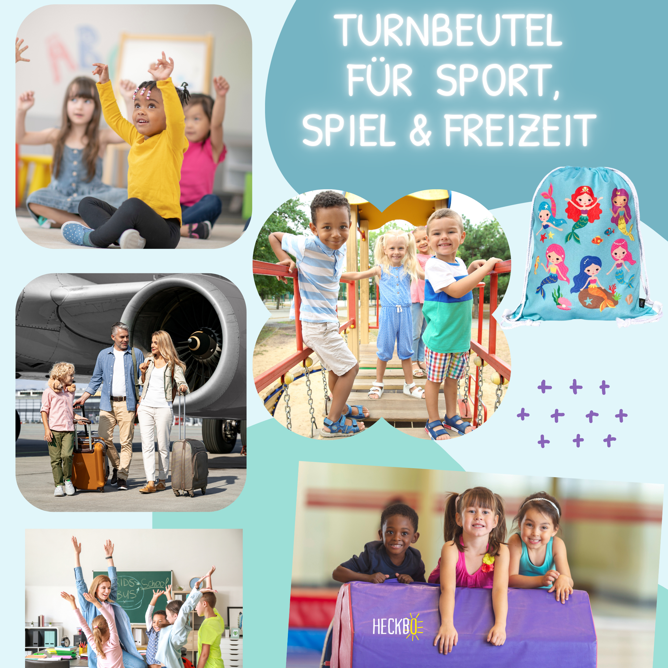 HECKBO - Wholesale Drawstring Bag - Kids - Children's gym bag mermaid fish shells turquoise5