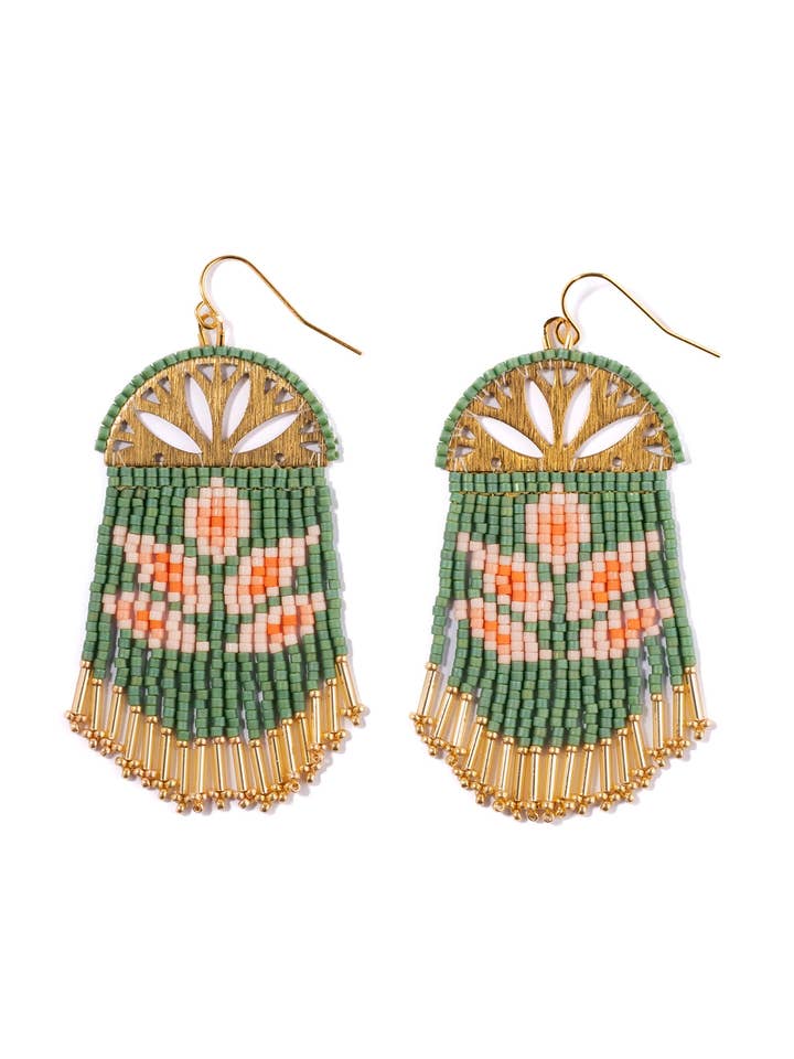 Beaded Handwoven Lotus Fringe Earrings (Green) for wholesale by Mayana Designs Co
