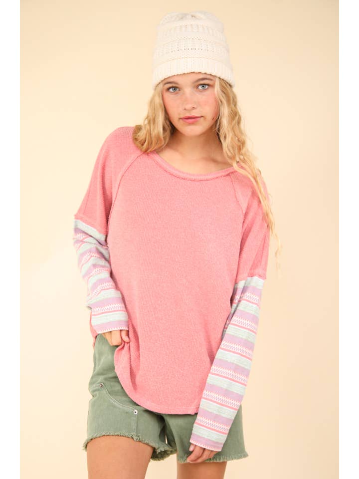 VERY J - Wholesale Knit Top - Women's - NT11706-Contrast Striped Sleeve Detail Casual Knit Top
