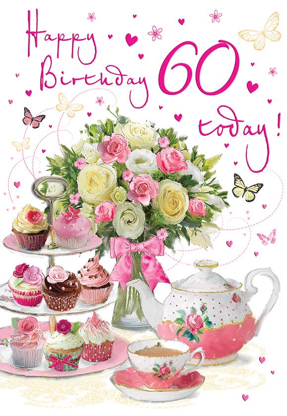 Piccadilly Greetings – wholesale Birthday card – Milestone Age Birthday Card, Age 60 F, Cake Stand, Flowers0