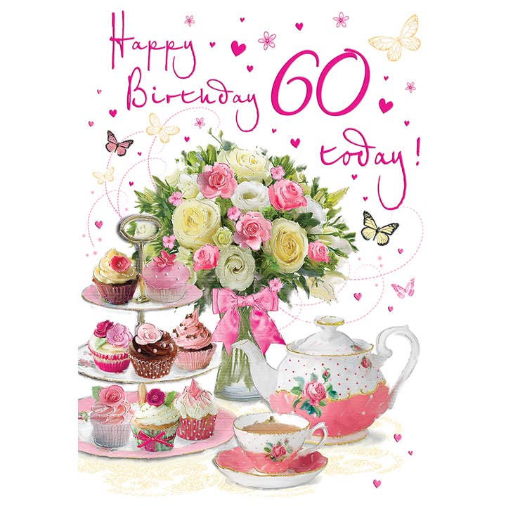 Piccadilly Greetings – wholesale Birthday card – Milestone Age Birthday Card, Age 60 F, Cake Stand, Flowers