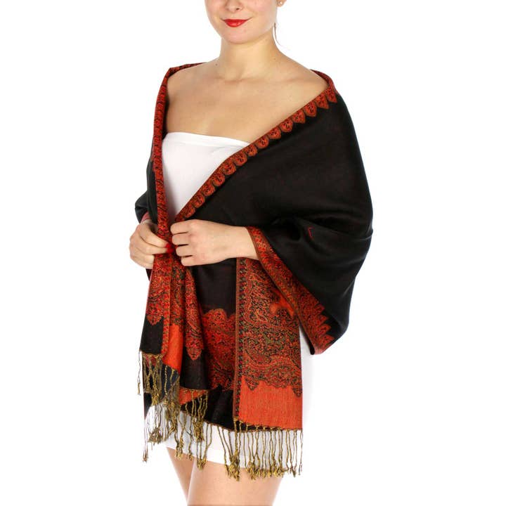 SERENITA – wholesale Scarf – Women's – Pashmina Scarf Paisley Border Reversible Wrap Wedding Shawl