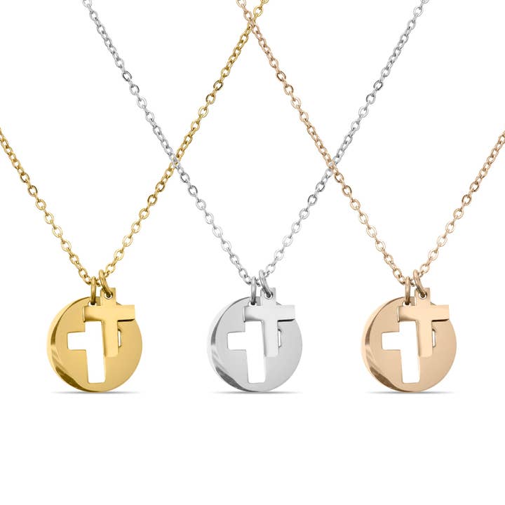 WJW - Wholesale Pendant/Charm Necklace - Stainless Steel Cutout 2 Piece Cross Necklace6