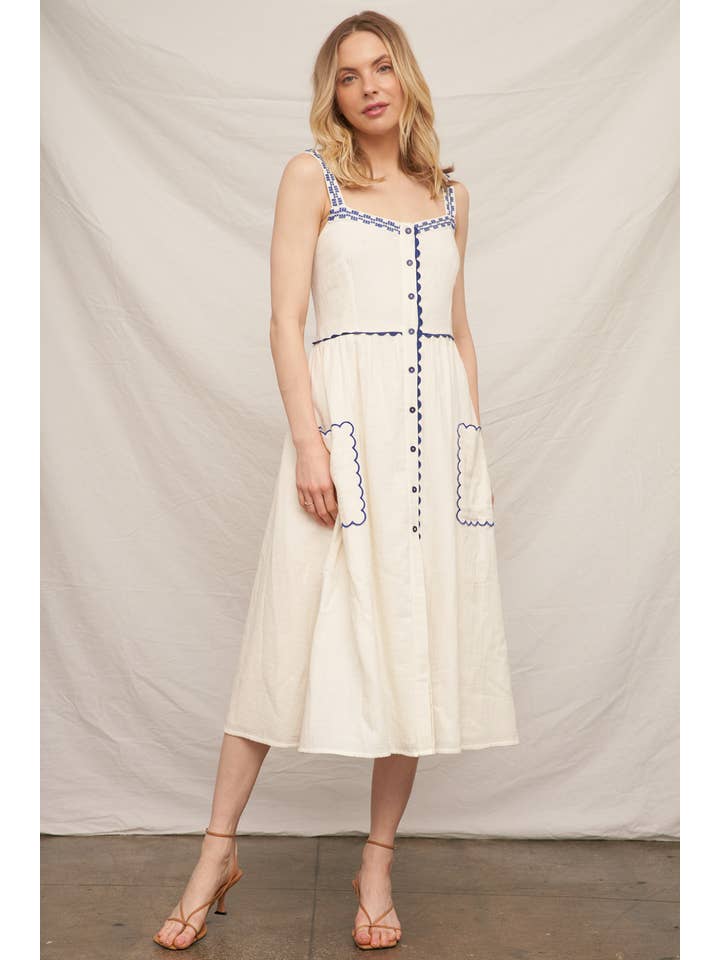Ivory Blue Button Down Embroidery Midi Dress for wholesale on Faire