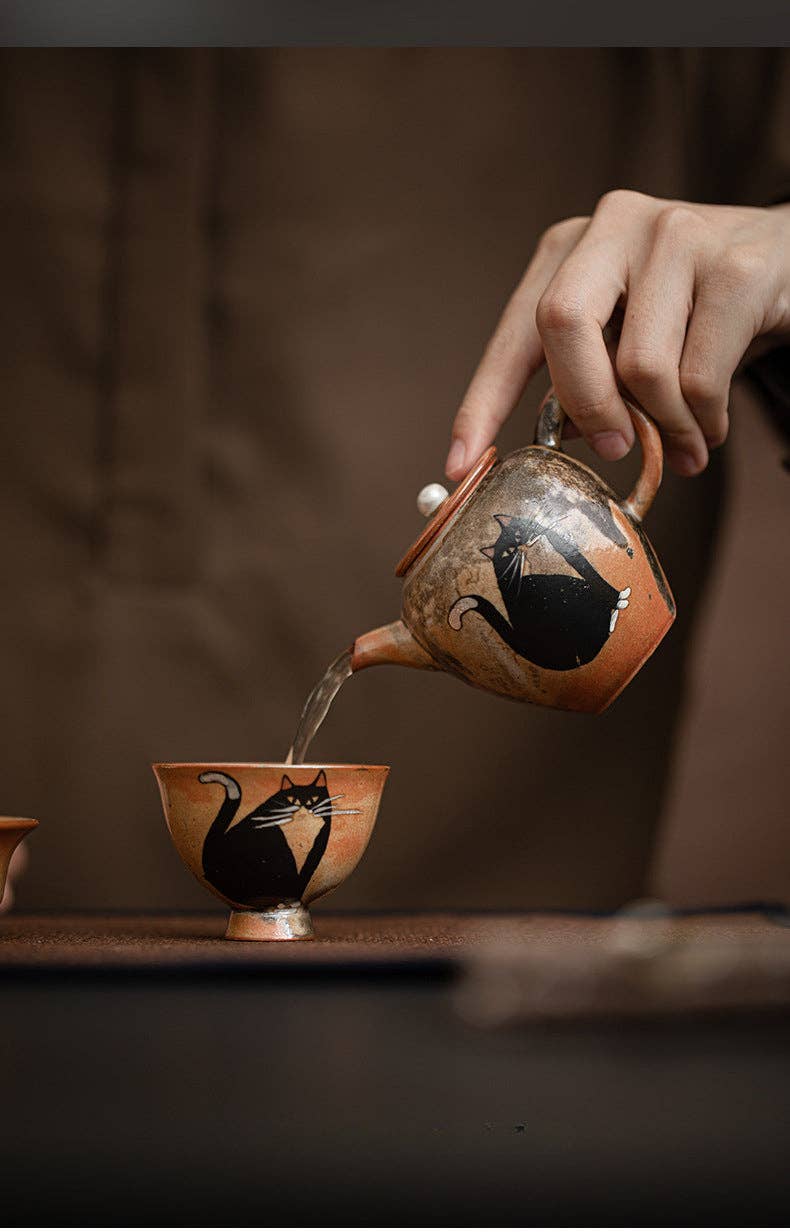 Gohobi （We cover U.S. import duties） - Wholesale Tea Pot - Gohobi Handmade Black Ink Hand-painted Cat Teapot 00210