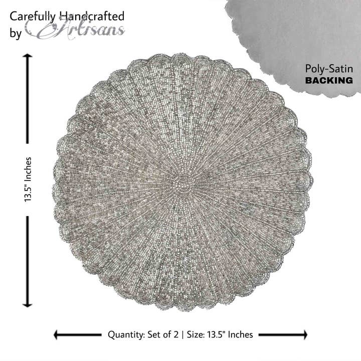 Trunkin' - Wholesale Placemat - Scalloped Bead Embroidered Placemat in Silver, Set of 23