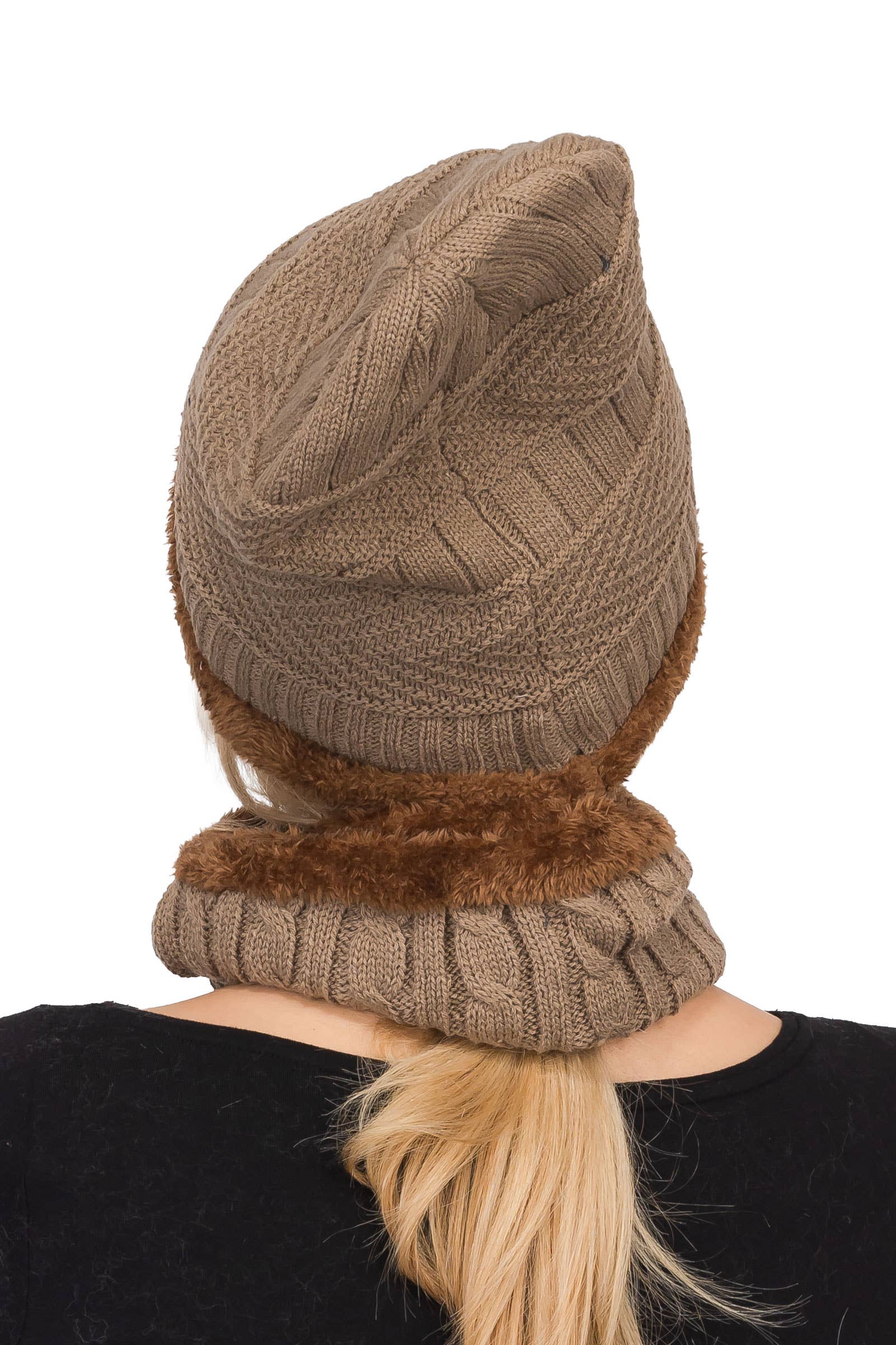ASSORTED Earth Tone Cable Knitted Fur Beanie Scarf for wholesale on Faire12