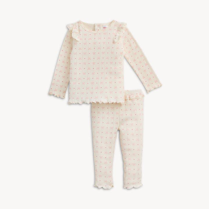 Pijama de pointelle con corazón y lazo, color Magnet, con volante, manga larga y pantalón largo para venta al por mayor de Magnetic Me