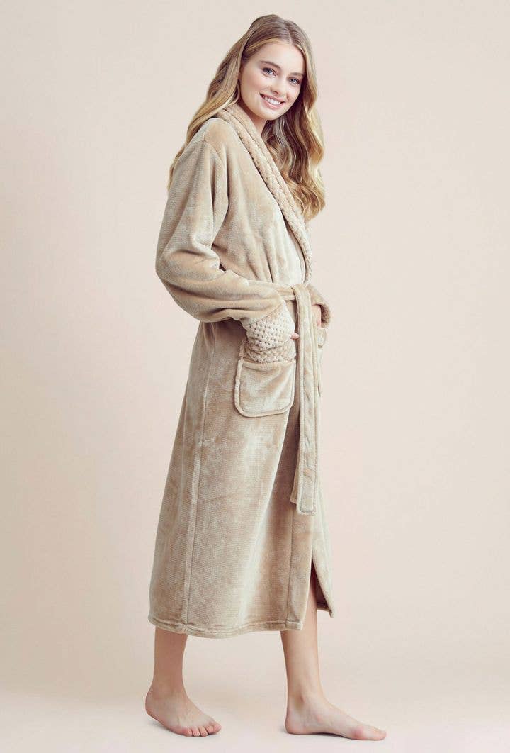 robesnmore – wholesale Robe – Women's – Women Plush Shawl Collar Robe Taupe3