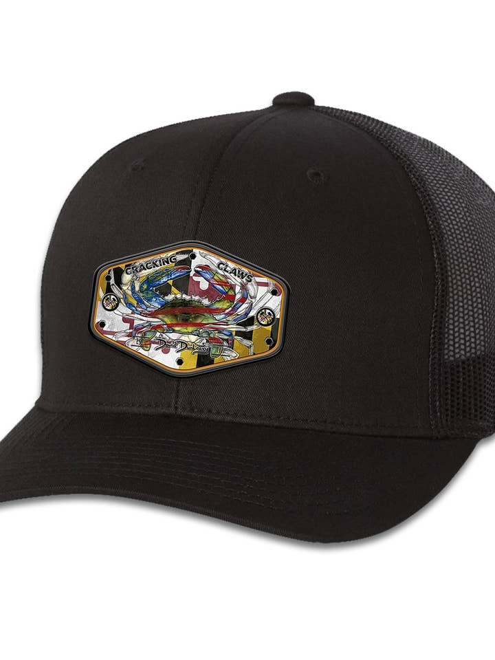 Casquette camionneur à 6 panneaux Maryland Ameri Blue Crab à fermeture pression noire noire pour la vente par David Dunleavy