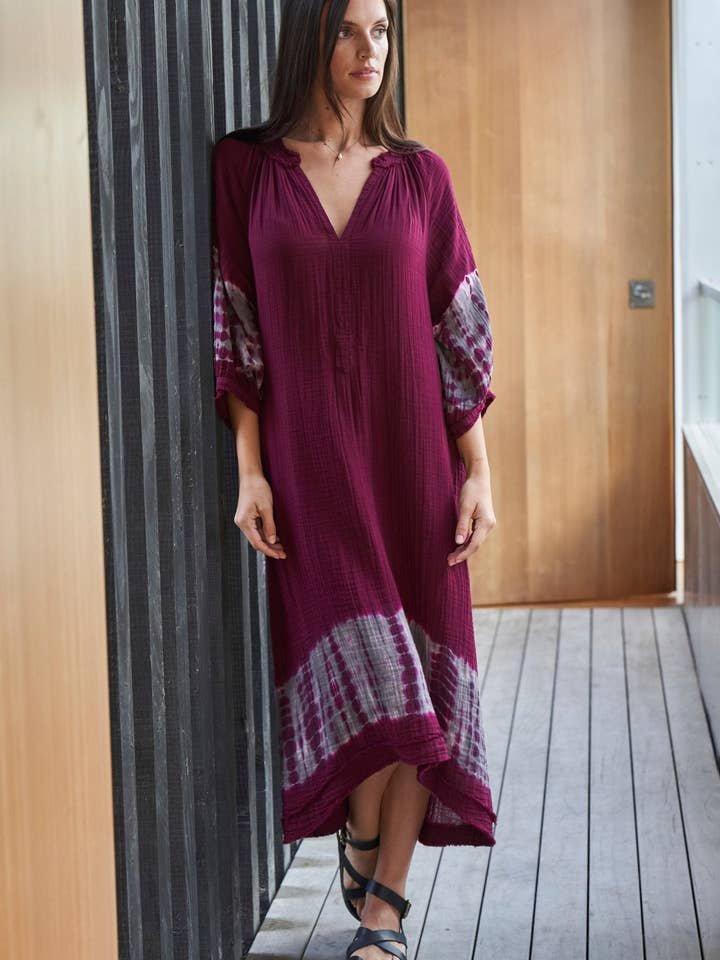 Burgundy + Grey Tie Dye Hem Gauze Dress with Pockets - Sale for wholesale by ocean+main