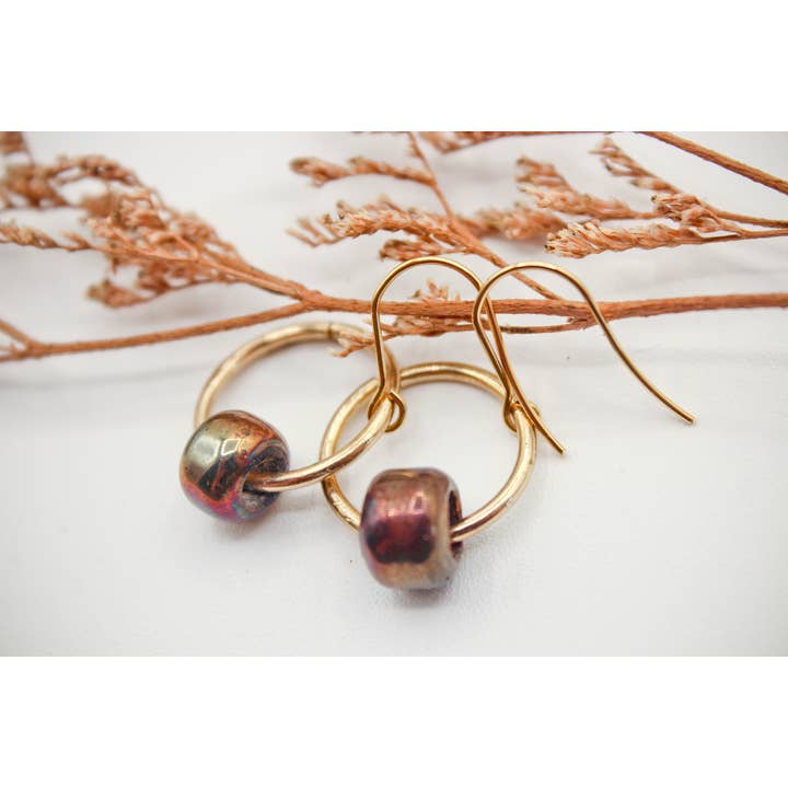Raku Fired Glass & Salvaged Gold Hoop Earrings for wholesale by Reclaimed & Co. Jewelry