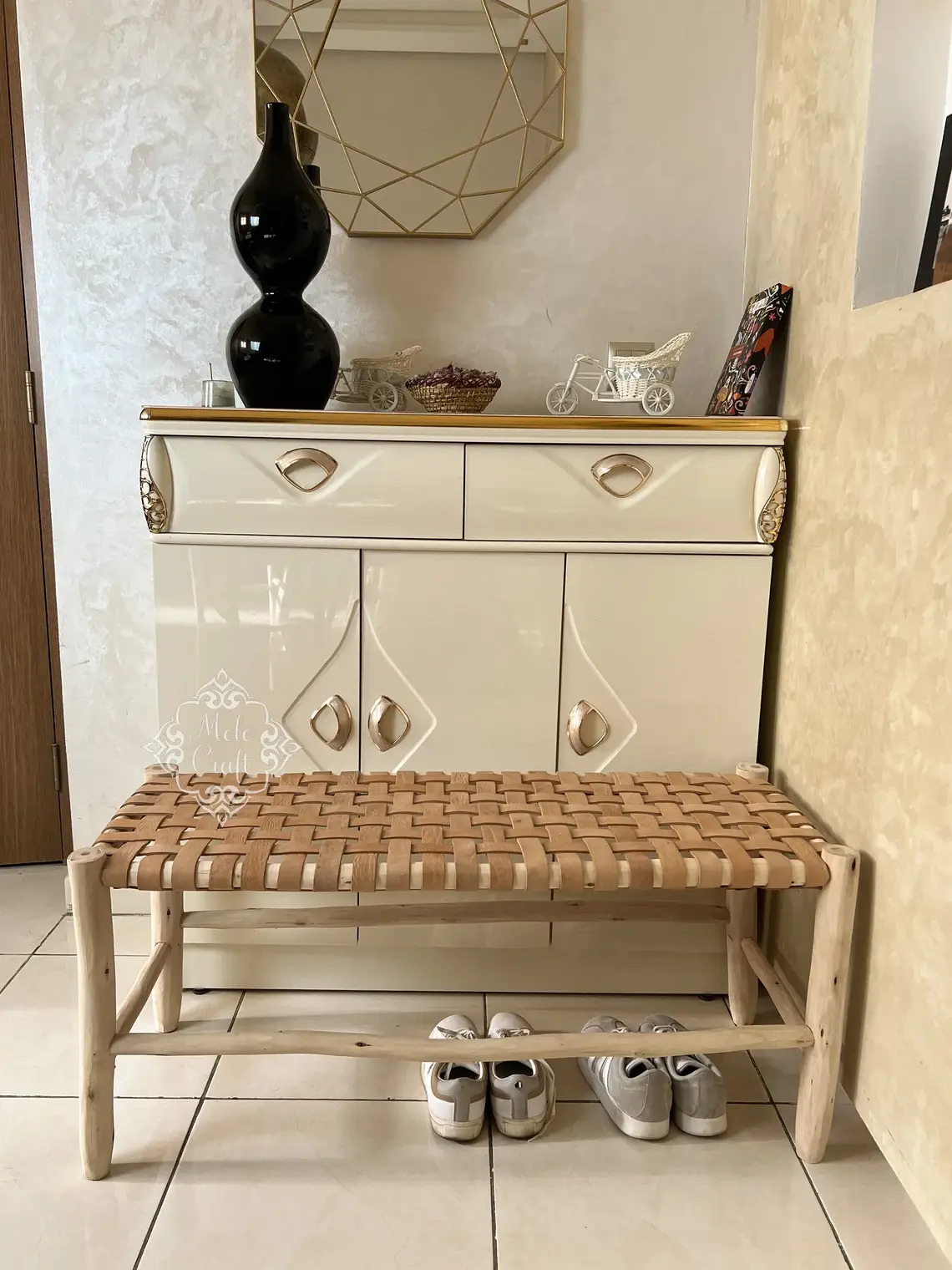 Melecraft - Wholesale Bench - Wicker Wood Leather bench, Handmade Bench, Wood Work Bench5