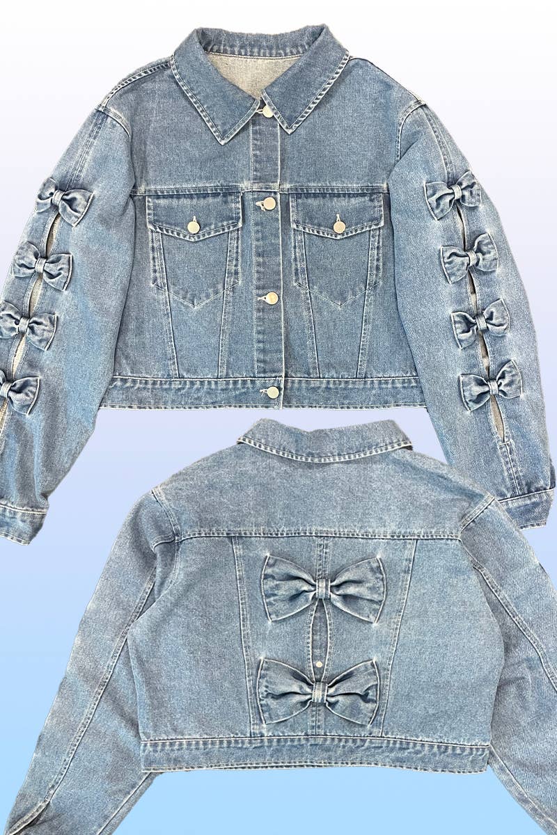 Blue Cropped Bow denim jacket for wholesale on Faire5