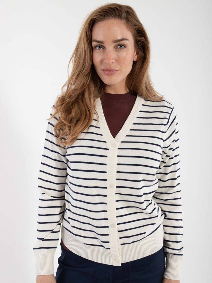 Danefae København - Wholesale Cardigan – Women’s - Danejolly Cotton Knit Cardigan Chalk/Dk Navy0