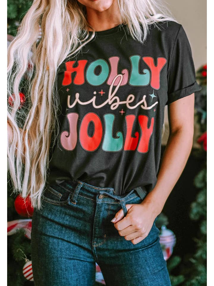 Black LDC HOLLY JOLLY Vibes Christmas Crew Neck T Shirt for wholesale on Faire