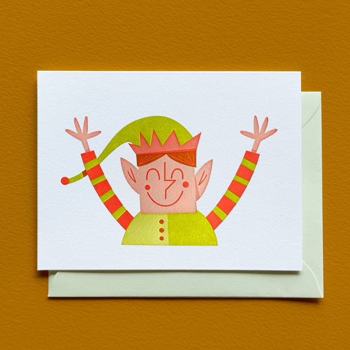 Carte de vœux de vacances lutin en typographie. pour la vente par Laughing Owl Press Co.