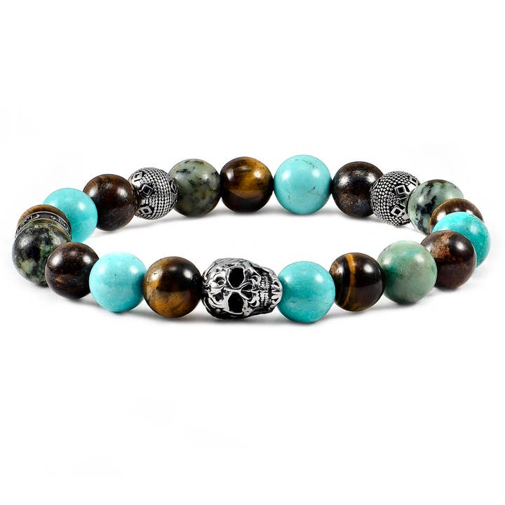 Crucible Skull Turquoise and Mixed Stone Stretch Bracelet for wholesale by West Coast Jewelry