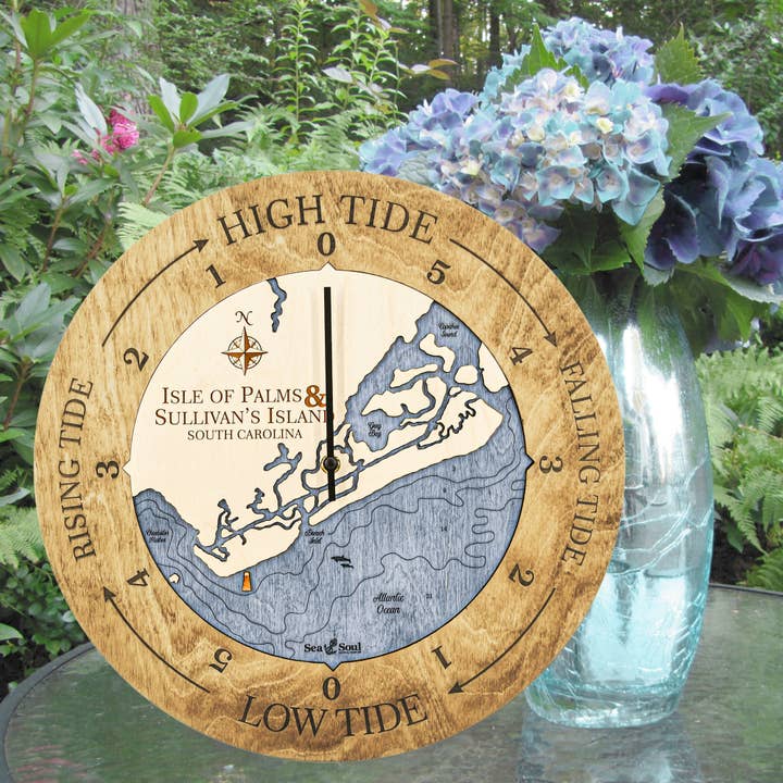 Isle Of Palms Tide Clock Nautical Wood Map - 2 Sizes for wholesale by Sea & Soul Nautical Chart Art