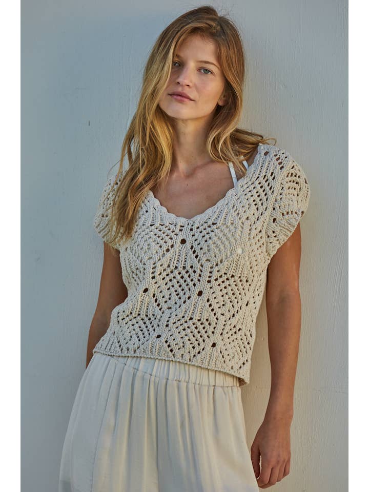 By Together - Wholesale Knit Top - Women's - W2030 | Knit Sweater Cotton Crochet V-Neck Cap Sleeve Top