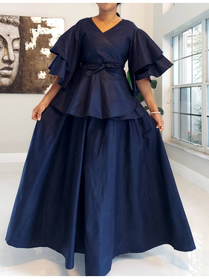 India Batik - Wholesale Top & Skirt Set - Women's - Wrap Blouse & Long Skirt- Navy