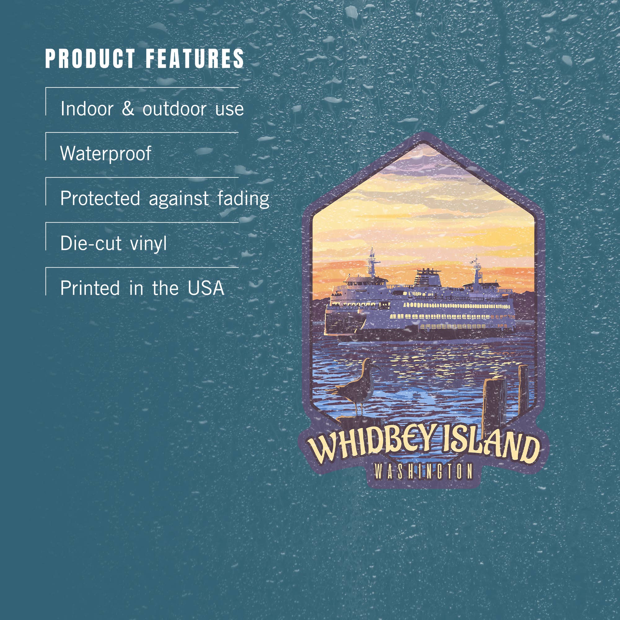 Lantern Press - Wholesale Sticker - STICKER Whidbey Island, Washington, Ferry Sunset and Gull3