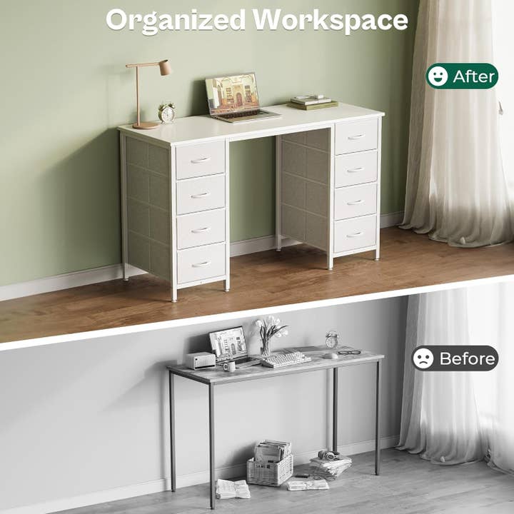 47 Inch Vanity Desk with 8 Drawers, White Desk, Makeup Desk with Large Storage, Fabric Drawers, Wooden Desktop, Computer Desk Work Desk, for Home Office, Bedroom for wholesale on Faire7
