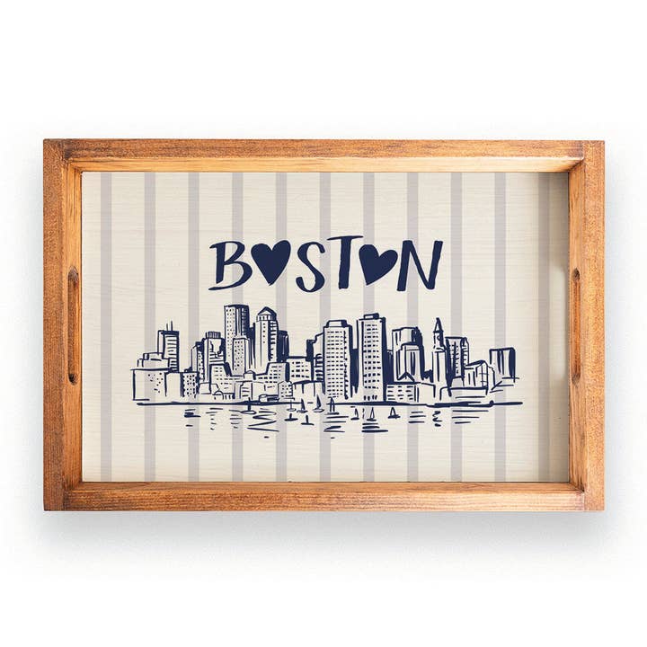 Boston Blauw Gestreepte Skyline Dienblad voor wholesale door Rustic Marlin