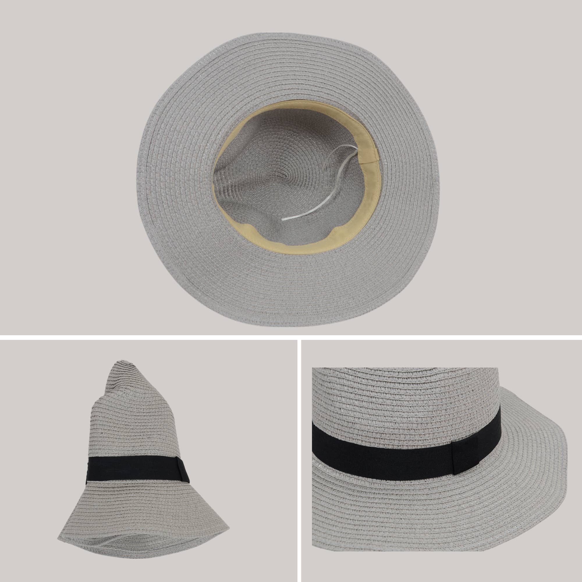 AK Brand - Wholesale Straw Hat - Women's - Wide Brim Straw Fedora Sun Hat Black Band Panama UV Hat23
