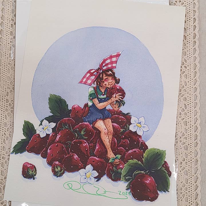 "Strawberries" Signed Art Print 9" × 12" archival quality for wholesale by Nattosoup Studio