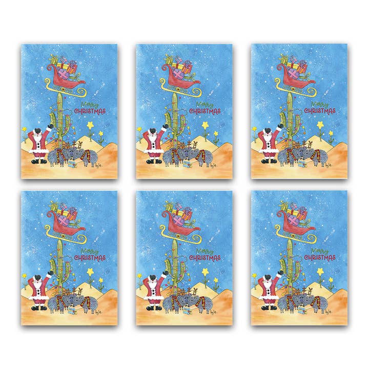 Desert Cactus Santa and Sleigh | Christmas Card Box Set/6 for wholesale by Zinnia Sky Studio LLC