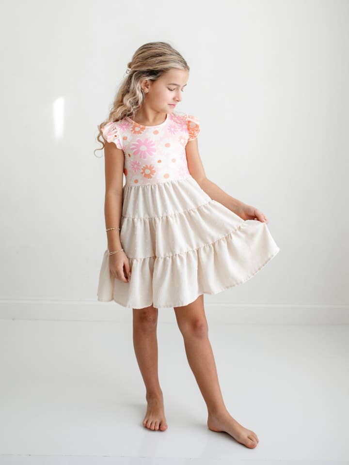 Girls Pink & Beige Retro Floral Swiss Dot Spring Twirl Dress for wholesale by Adorable Sweetness