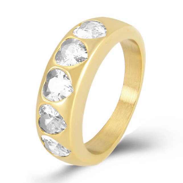 Bague Acier - Zirconium 5 Cœur - Couleur Or et Acier pour la vente par Plata y Minerales