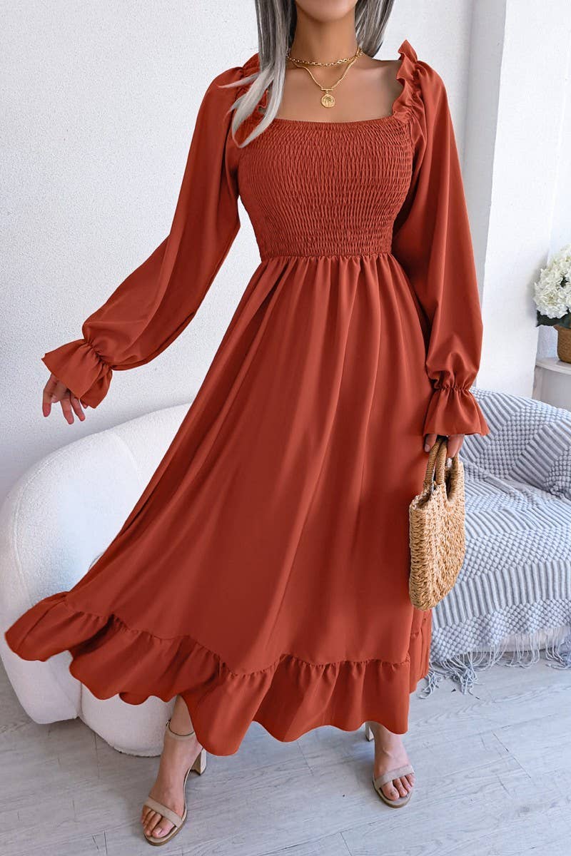 Lily Clothing - Wholesale Dress - Women's - SQUARE NECK LARGE SWING FLOUNCES LONG DRESS_CWDMD116514