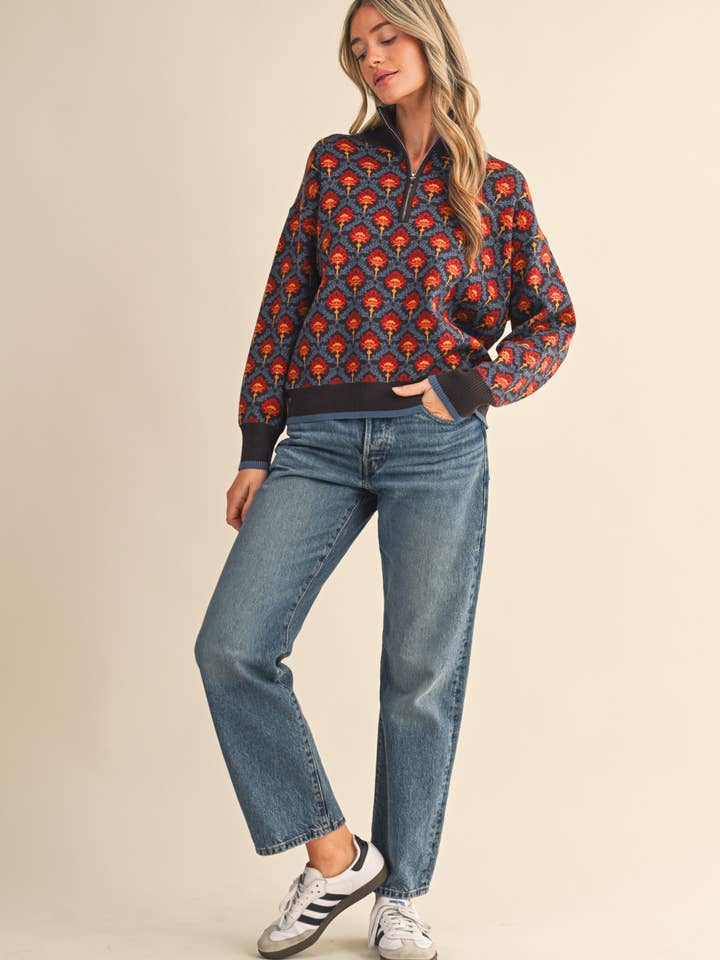 &MERCI - Wholesale Knit Sweater - Women's - FLORAL MOCK NECK HALF ZIP PULLOVER MSW1082957