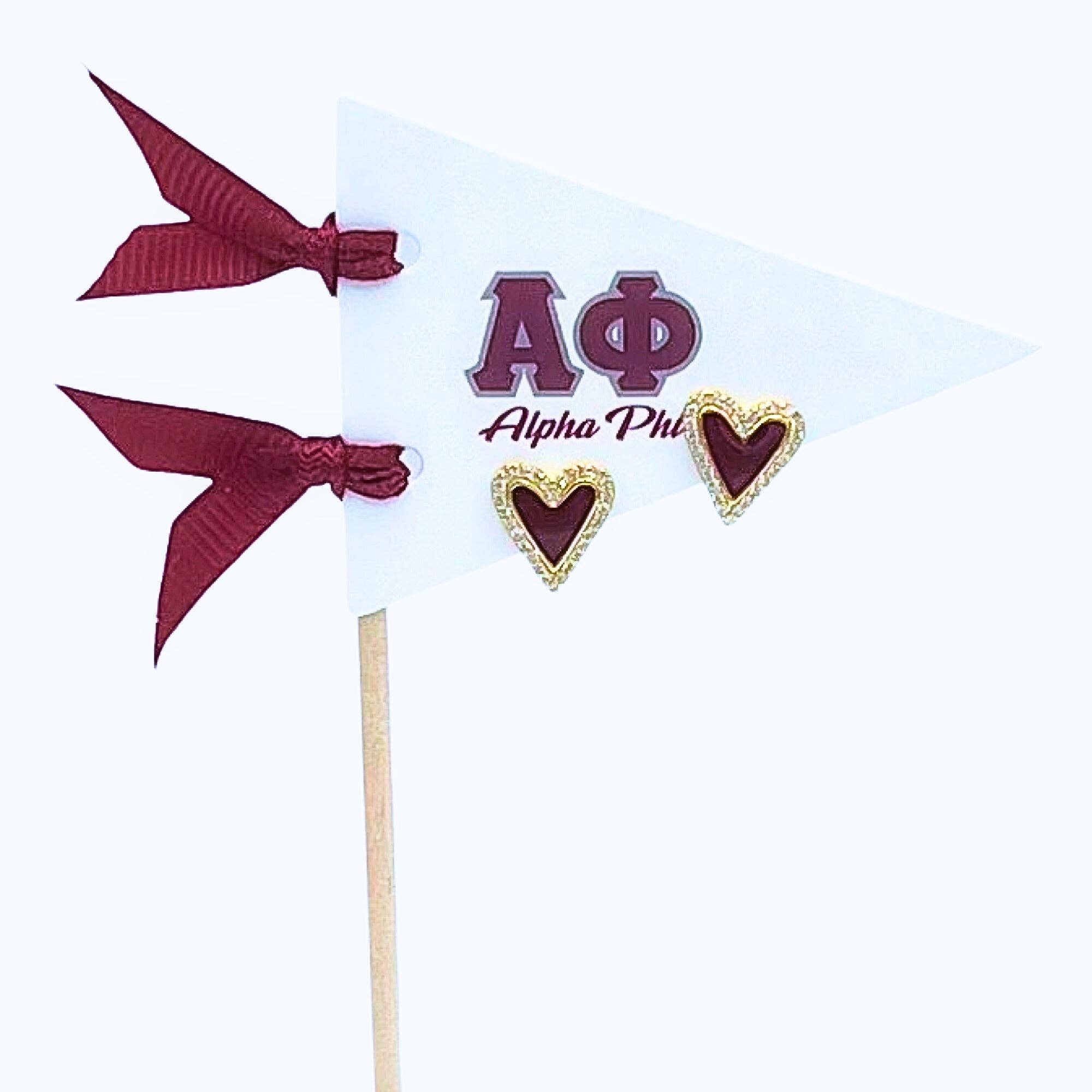 Color Shout – wholesale Stud/post earrings – E205-Love my Sorority: Bright Color Heart Studs on Greek Letter Pennant Flag5