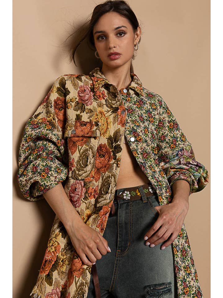 ORANGE MULTI Vintage wash floral pattern jacquard shacket for wholesale on Faire