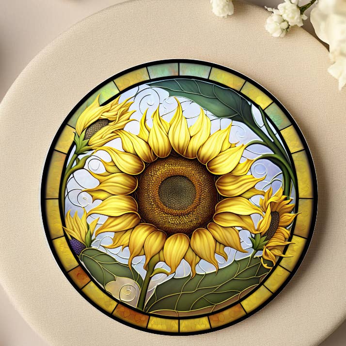 Sunflower Ceramic Coaster: Printed Stained Glass, Cork Back for wholesale by Fernville Creations
