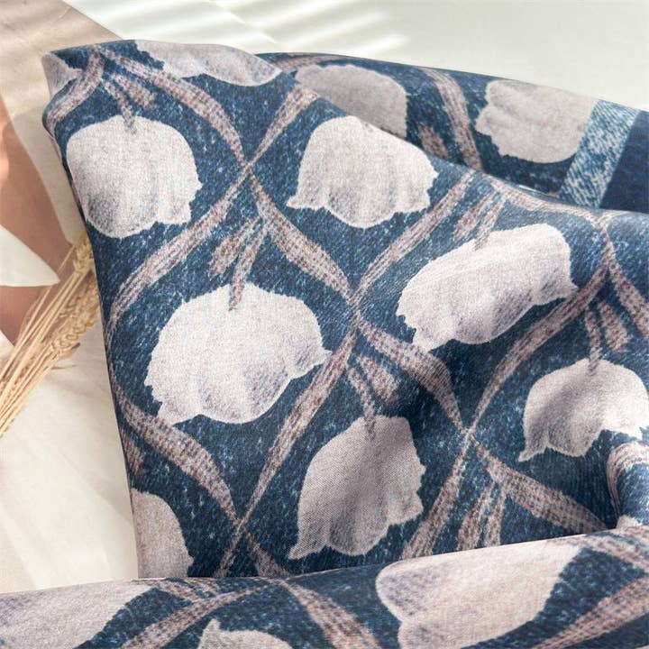 SueSilkHK – wholesale Scarf – Women's – 65cm Blue Lily of the Valley Mulberry Silk Scarf – Elegant Square Silk Shawl for Women, Fresh & Versatile Accessory11