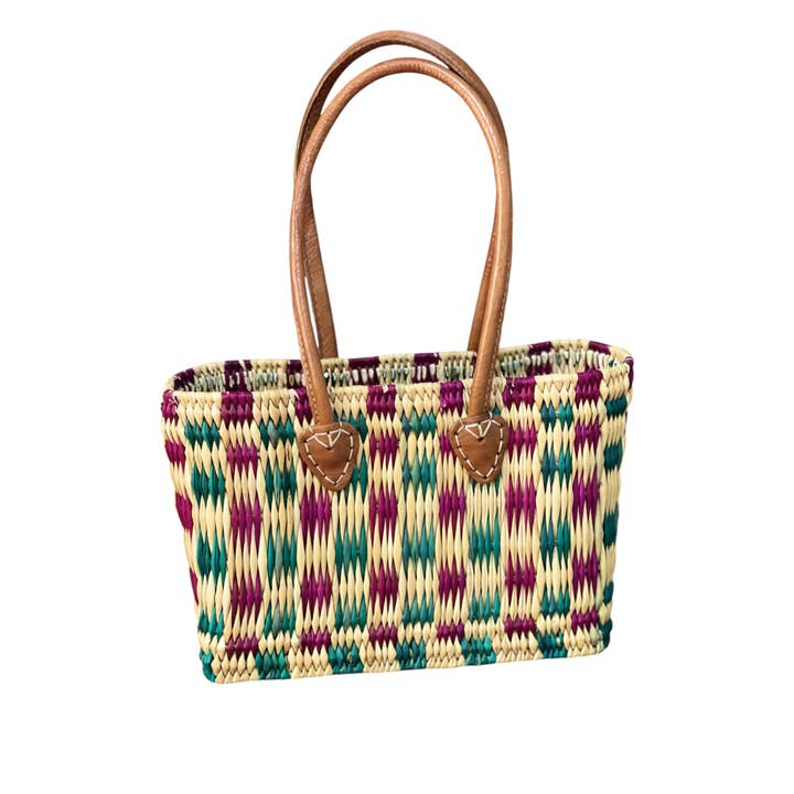 HandHappiness - Vendita all'ingrosso Borsa per shopping/spesa - Cesto per la spesa intrecciato a mano in giunco - Verde e Viola - 3