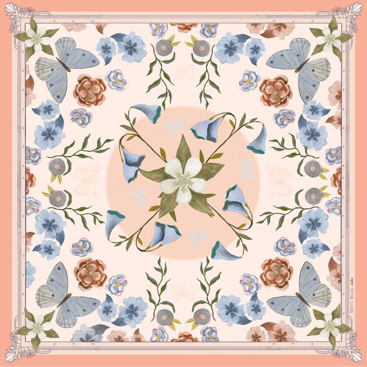 100% Silk Scarf - Columbine - Pink & blue floral butterfly for wholesale by Matty Miller Studio